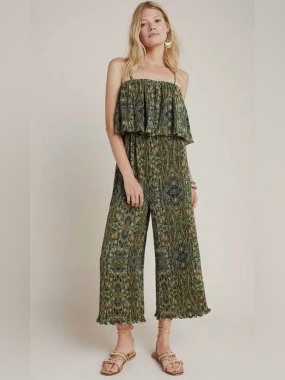 Anthropologie Rdalamal Suzanne Pleated Wide-Leg Green Jumpsuit Size M